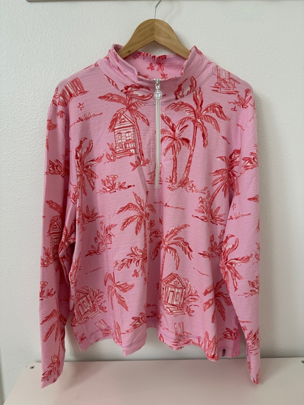 T by Talbots 3X Beach Villa 1/4 zip pullover Pink Palm Trees Island UPF 50+